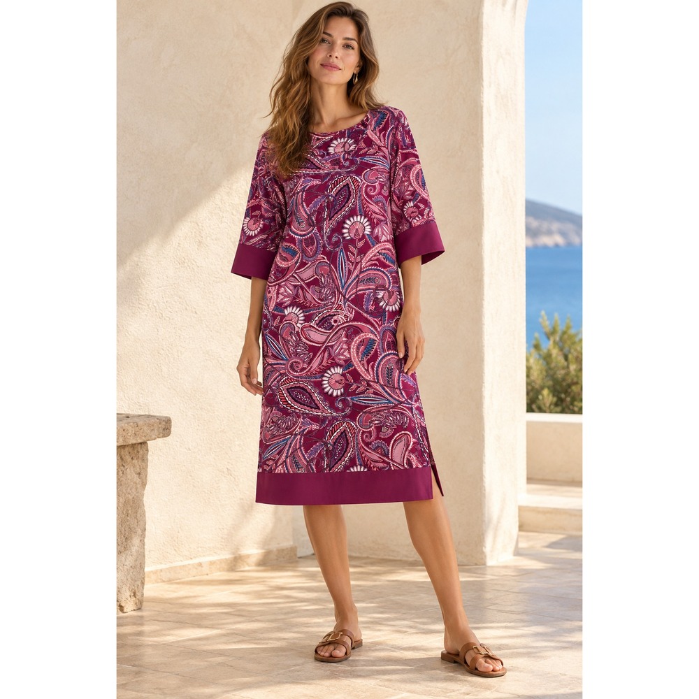 NWT Natori Studio Knee Length Dress Sz S Pink Paisley 3/4 Sleeve Resort Cruise